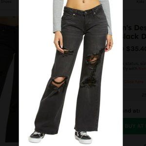 BP Women's Mid-Rise Wide Leg Destroyed Ripped Jeans Black 100% Cotton Sz 31 NWT